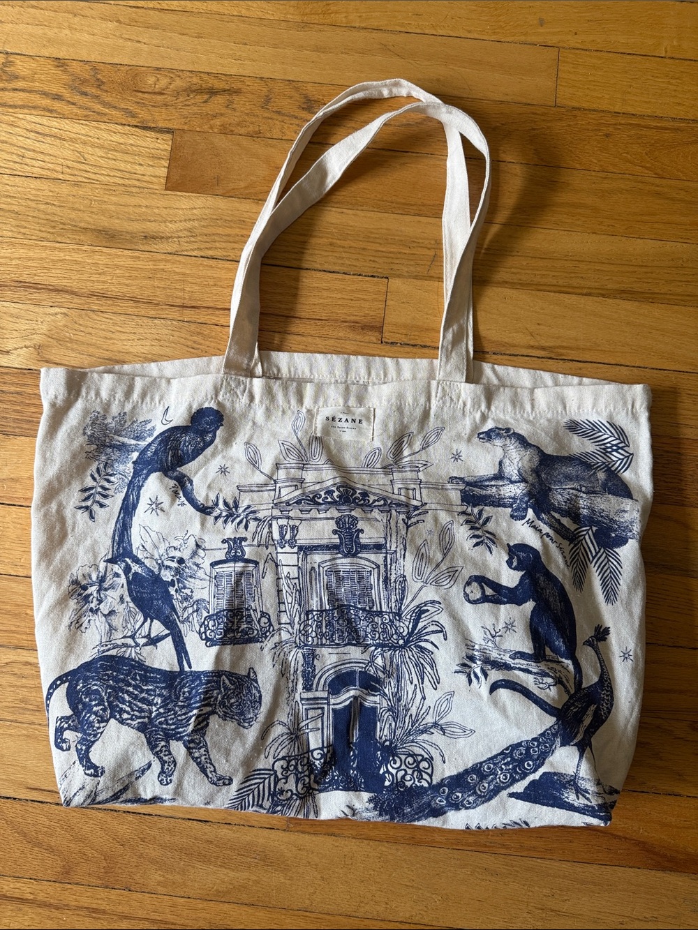 Sezane Blue and Cream Canvas Tote Bag with Animal Print